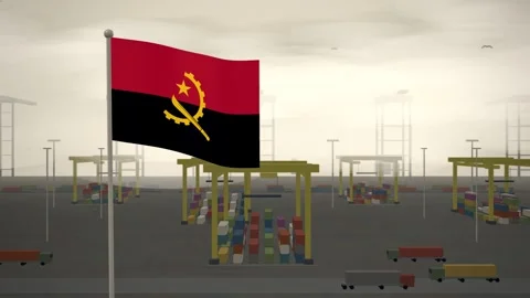 Angola Flag Flying Over Container Terminal Stacking Yard seamless loop Stock-Footage 345376930