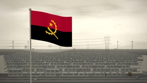 Angola Flag Flying Over Grid Battery Storage Farm seamless loop Stock Footage 345376816