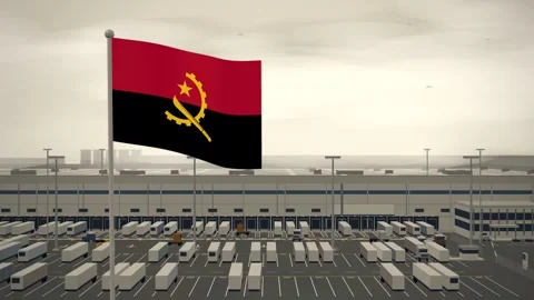Angola Flag Flying Over Logistics Warehouse Distribution Centre seamless loop Stock Footage 345376943