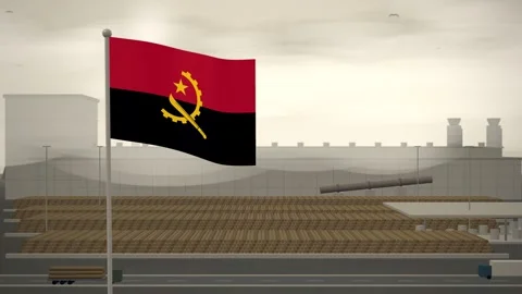 Angola Flag Flying Over Paper Mill Log Yard seamless loop Stock Footage 345378730