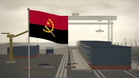 Angola Flag Flying Over Shipyard Building Berth Gantry seamless loop Vídeos de archivo 345376757