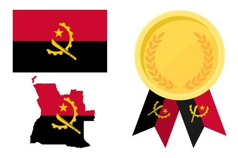 Angola flag with map and gold medal in set for web and banners or app and gam Stock Illustration