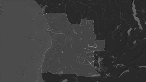 Angola highlighted on a Bilevel elevation map with lakes and rivers Illustrazione stock