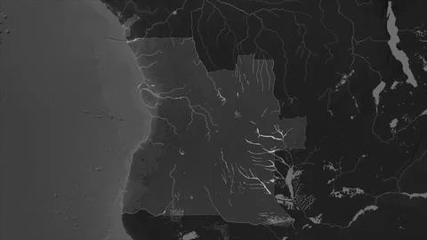 Angola highlighted on a Grayscale elevation map with lakes and rivers Illustrazione stock