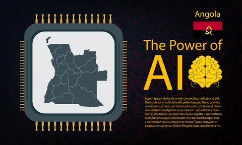 Angola map with microchip war and AI concept on circuit board, Power of AI .. Ilustração Stock