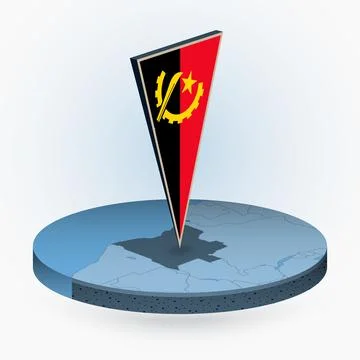 Angola map in round isometric style with triangular 3D flag of Angola Stock Illustration