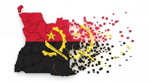 Angola national flag map dissolving into abstract digital particles and geo.. Stock Illustration