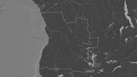 Angola outlined on a Bilevel elevation map with lakes and rivers Illustrazione stock
