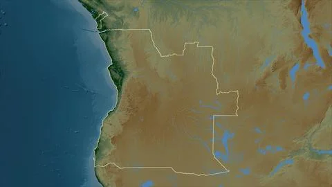 Angola outlined on a Colored elevation map with lakes and rivers Illustrazione stock