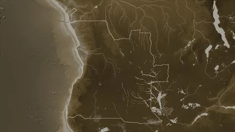 Angola outlined on a elevation map colored in sepia tones with lakes and rive Illustrazione stock