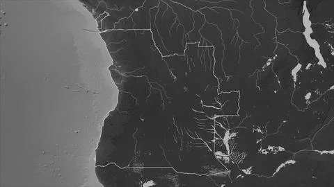 Angola outlined on a Grayscale elevation map with lakes and rivers Illustrazione stock