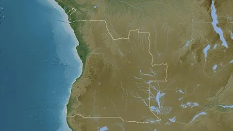 Angola outlined on a Pale colored elevation map with lakes and rivers Illustrazione stock