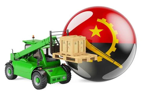 Angolan flag with telescopic handler truck and parcel. Cargo shipping in Ango Stock Illustration