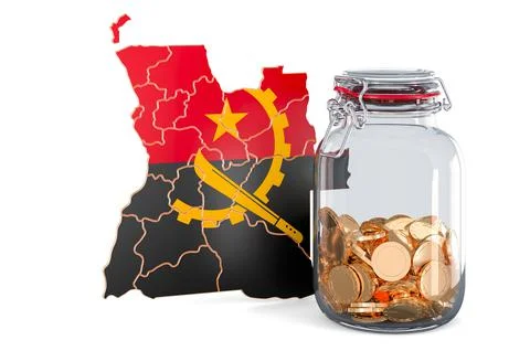 Angolan map with glass jar full of golden coins, 3D rendering Stock Illustration