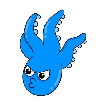 Angry aggressive faced blue octopus, doodle icon image kawaii Stock Illustration