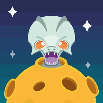 Angry alien on asteroid. Vector Stock-Illustration