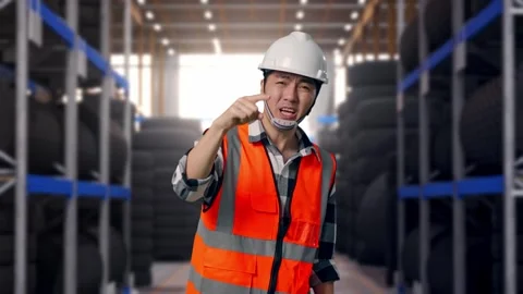 Angry Asian Male Engineer Shouting At Someone at Tire Warehouse Stock Footage 341787068
