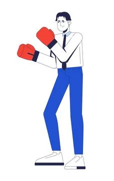 Angry asian office worker in boxing gloves 2D cartoon character Stock Illustration