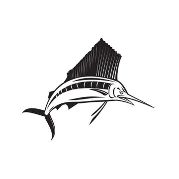 Angry Atlantic Sailfish Jumping Up Side View Retro Black and White Stock Illustration