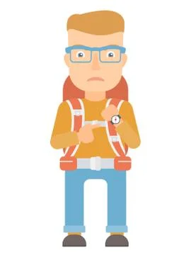 Angry backpacker pointing at wrist watch Stock Illustration