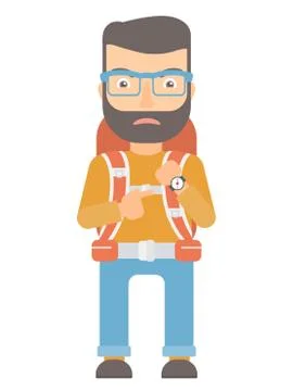 Angry backpacker pointing at wrist watch Stock Illustration