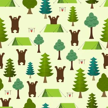 Angry bear in forest pattern seamless. camping tent background Stock Illustration