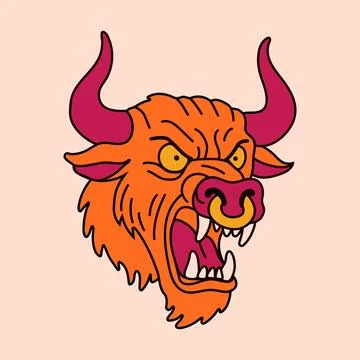 Angry Beast Head Vector with Horns and Fangs Stock Illustration