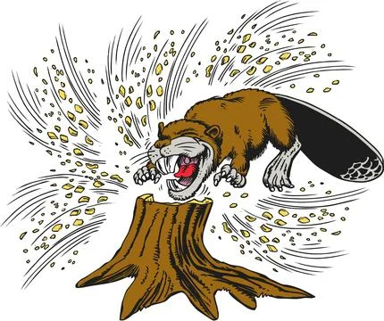 Angry Beaver Gnawing Tree Stump Wood Chips Flying Stock Illustration