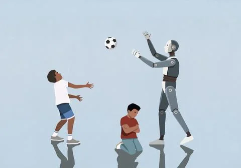 Angry below with arms crossed below brother and robot playing with soccer ball Stockillustratie