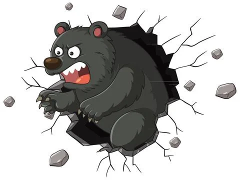 Angry Black Bear Breaking Through a Cracked White Wall Vector Illustration Illustrazione stock