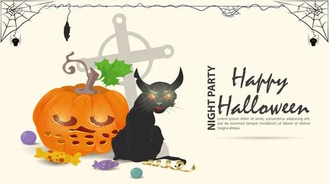 Angry black cat with a pumpkin on the background of a cross for the Halloween Stock Illustration