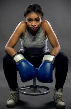 Angry Black Female Fighter with Boxing Gloves Stock Photos