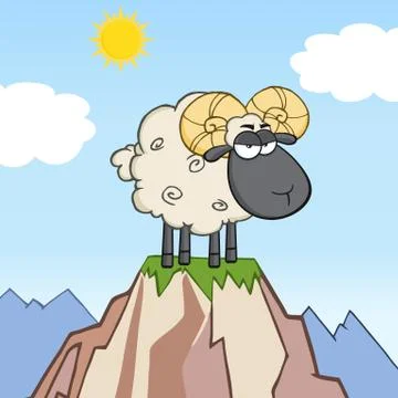 Angry Black Head Ram Sheep Cartoon Character On Top Of A Mountain Stock Illustration