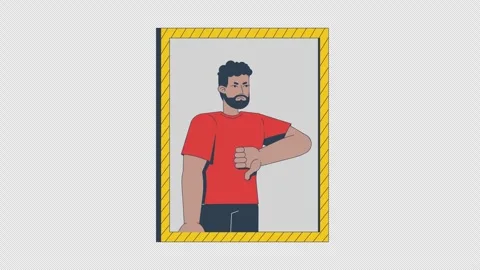 Angry black man in mirror giving thumb down disapproval 2D character animation Stock Footage 306046552