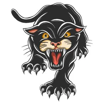 Angry black panther. Attacking pose . Tattoo vector illustration Stock-Illustration
