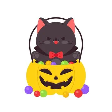 Angry Black Vampire Cat in Pumpkin Bucket With Candy Halloween Stock Illustration