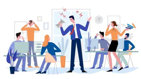 Angry boss in office flat vector illustration. Frightened employees shocked by Stock Illustration