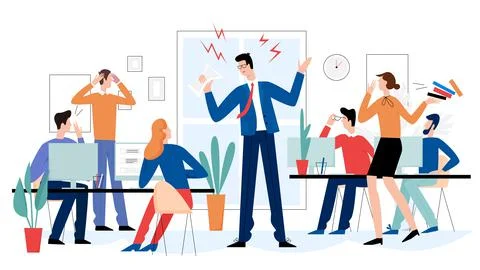 Angry boss in office flat vector illustration. Frightened employees shocked by Stock Illustration