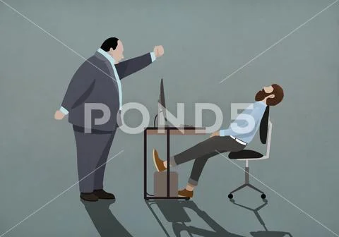Angry boss shaking fist at sleeping businessman in office Stock Illustration