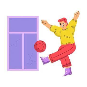 Angry Boy Hooligan with Bad Behavior Throwing Ball Breaking Window Vector Stock Illustration