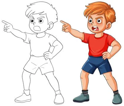 Angry Boy Pointing with Assertive Expression in Shorts Stock Illustration