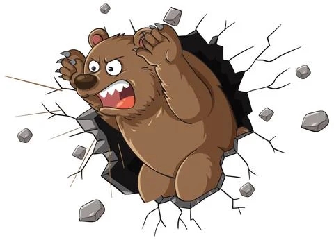 Angry Brown Bear Breaking Through a Cracked White Wall Vector Illustration Stock Illustration