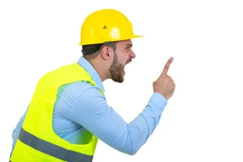 Angry builder or constructor yelling at somebody as fury concept isolated on Stock Photos
