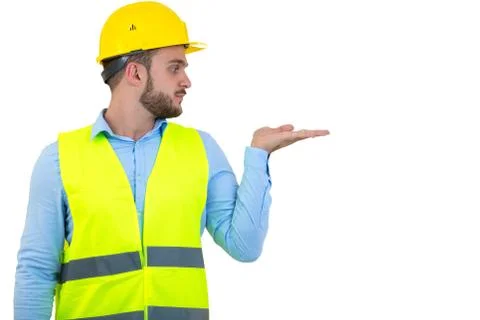 Angry builder or constructor yelling at somebody as fury concept isolated on Stock Photos
