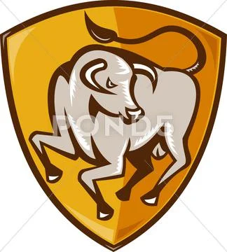 Angry bull attacking shield woodcut Stock Illustration