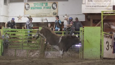 Angry bull throws off rider Stock Footage 156111689
