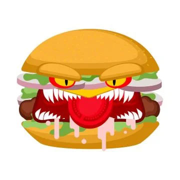 Angry burger. grumpy evil hamburger. Dangerous mad fast food. crazy fastfood  Stock Illustration