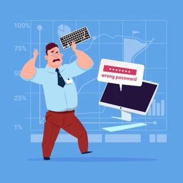 Angry Business Man Inputting Wrong Password Using Computer Problem With Access 스톡 일러스트