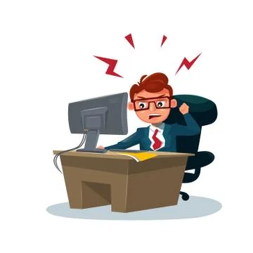 Angry Business Man Working On Computer Sit At Office Desk Over White Background Stock Illustration