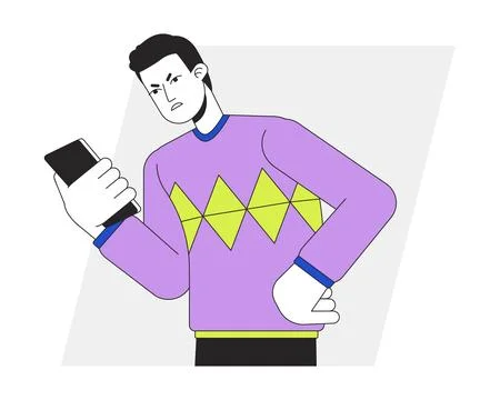 Angry caller looking at phone flat line vector spot illustration Illustrazione stock